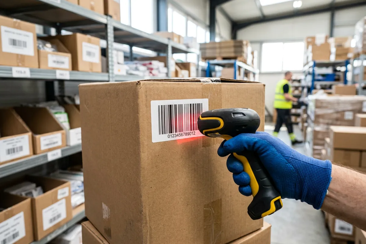Handheld barcode scanner reading a label on a cardboard box