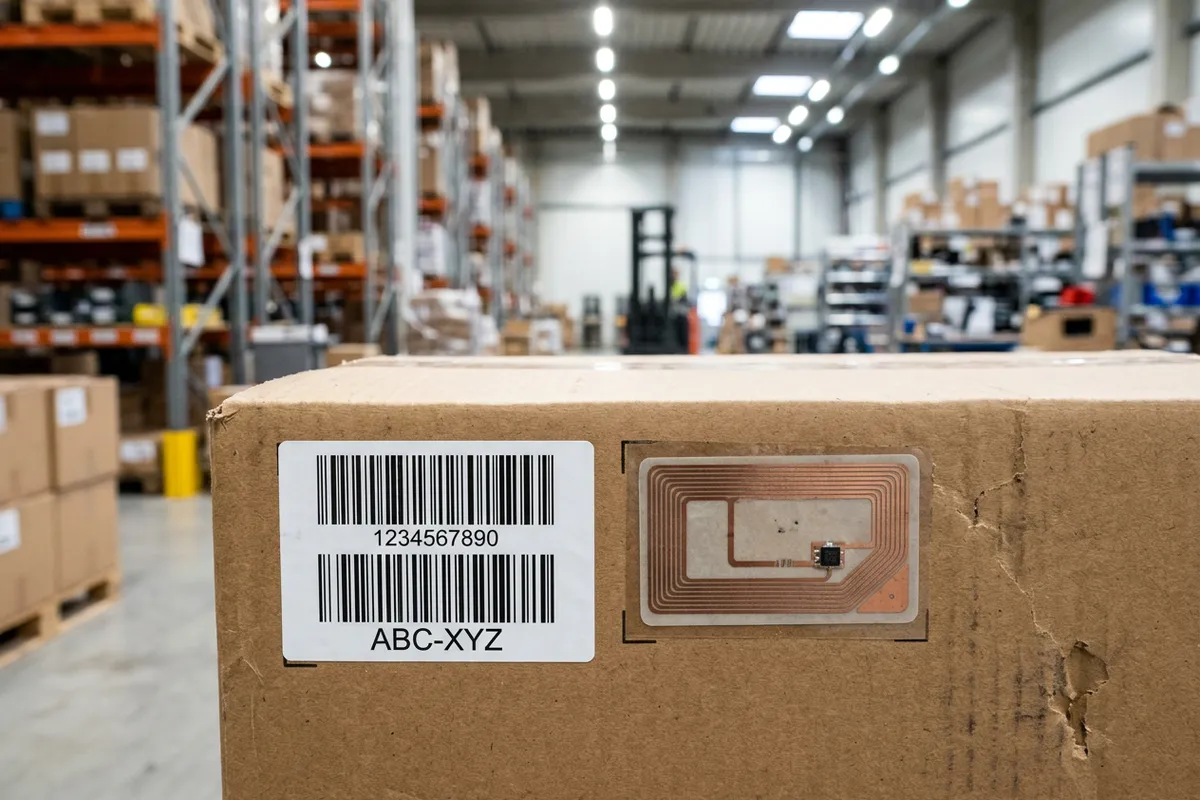 Cardboard box with a barcode label and an RFID tag side by side