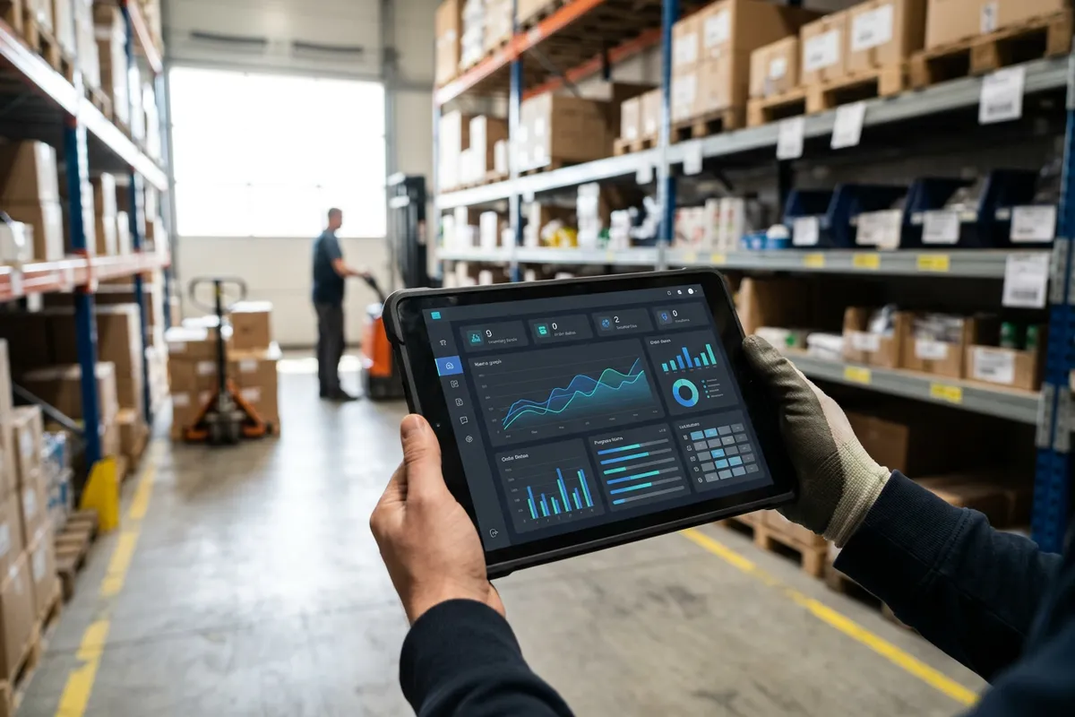 Tablet showing a warehouse management dashboard in a small warehouse