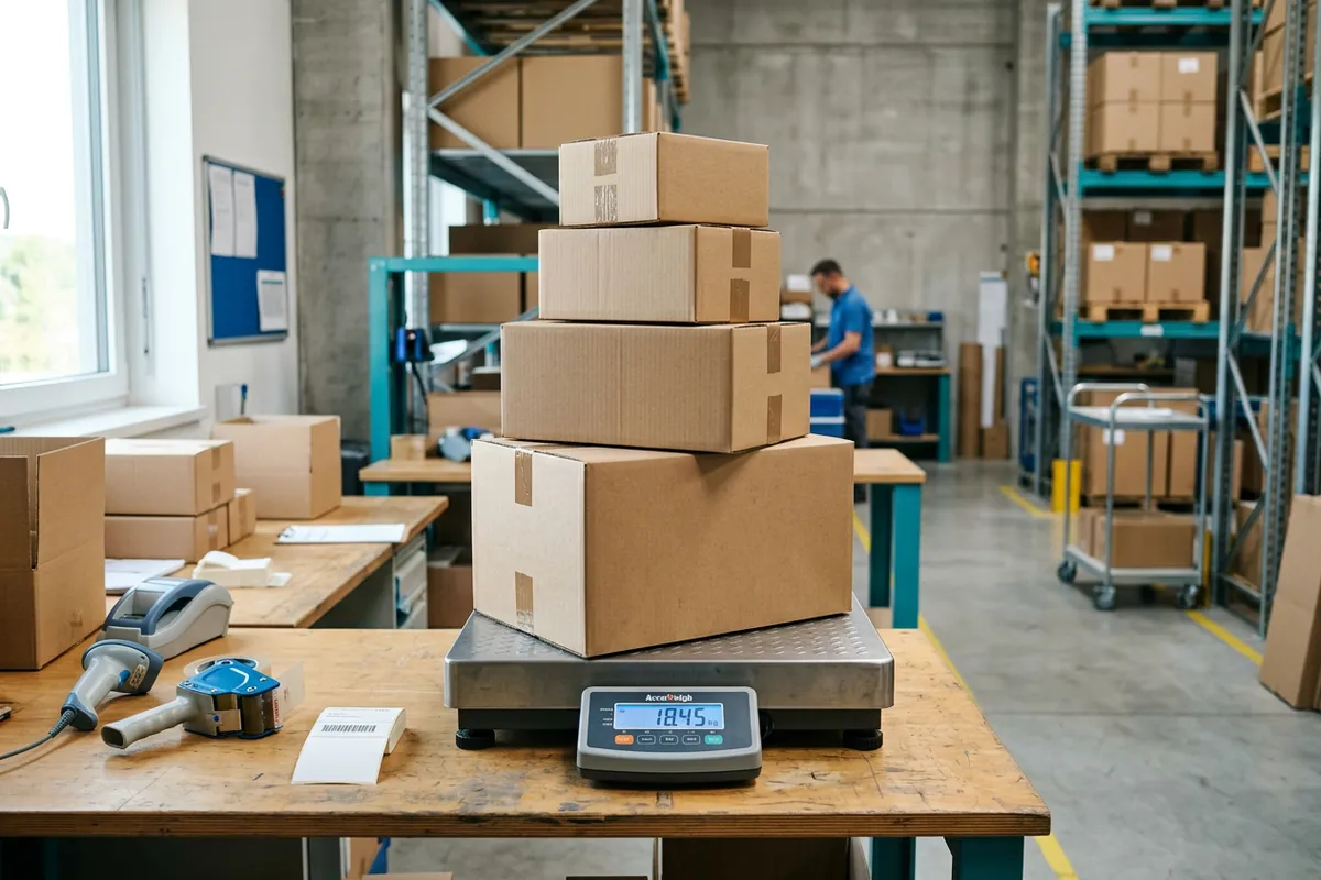 Stack of shipping parcels on a digital scale at a packing bench