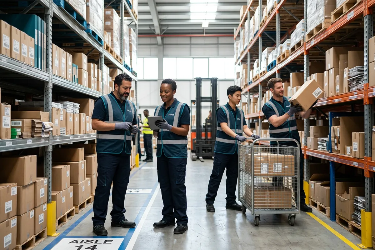 Small warehouse team working together in an aisle