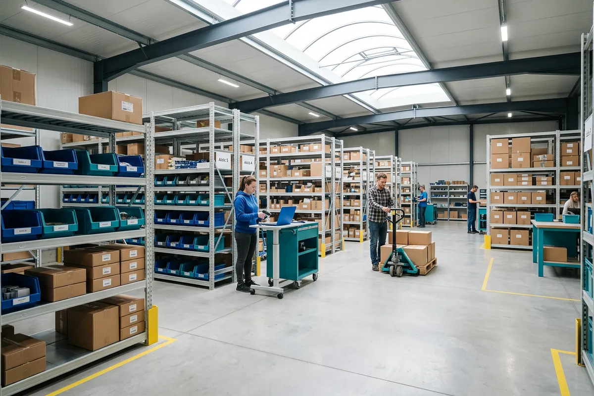 Tidy small warehouse with labeled shelving and storage bins